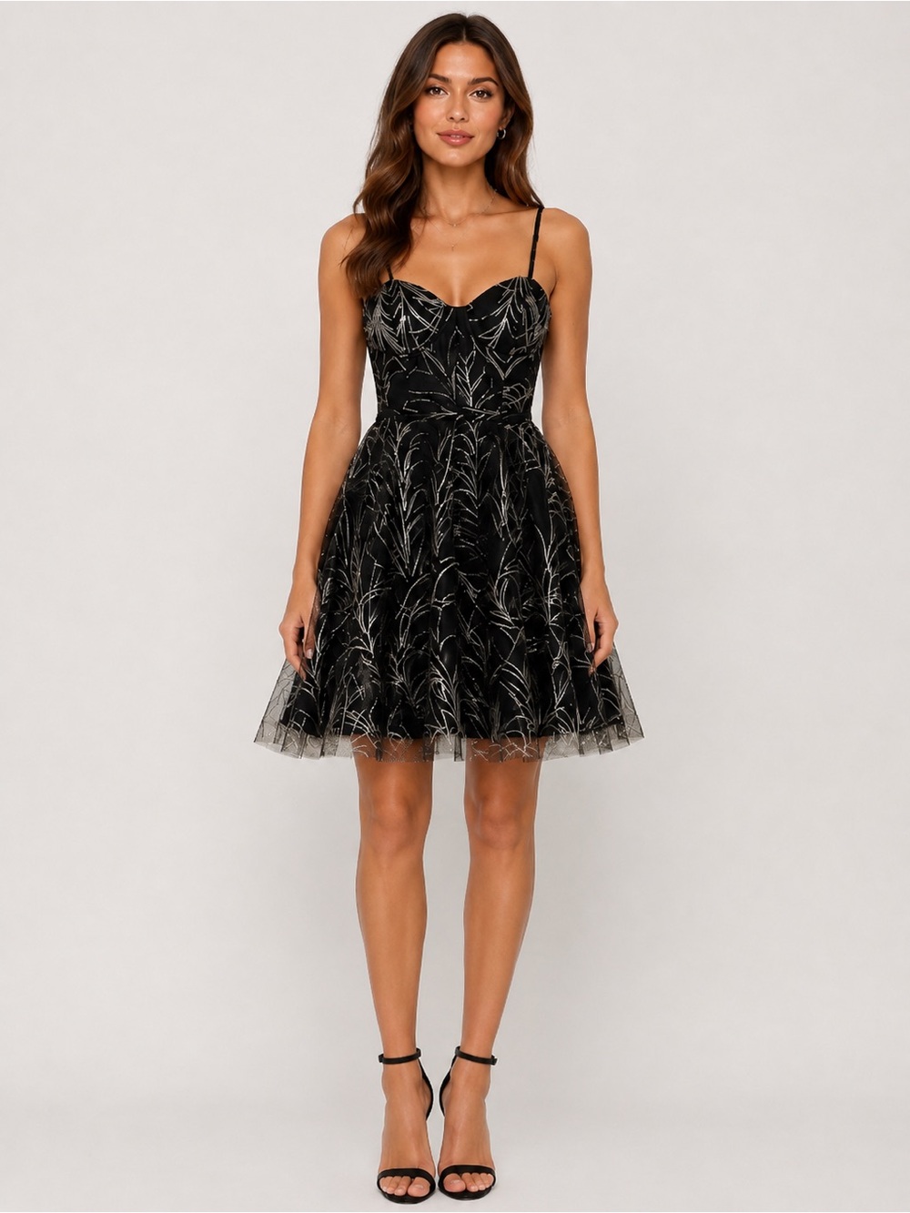GB Black Metallic Leaf Embroidered Bustier Fit & Flare Dress Size 3
